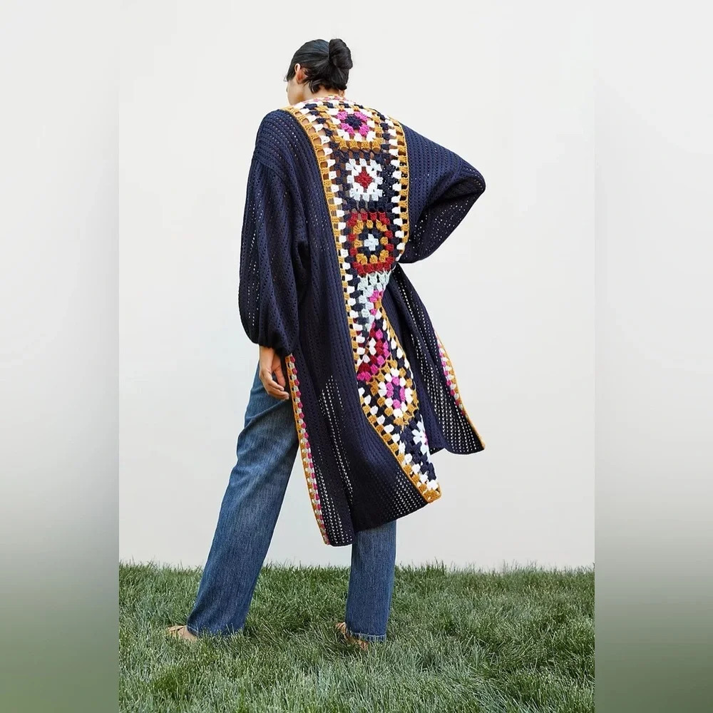 ANTHROPOLOGIE Square Crochet Trimmed Duster Kimono in‎ Navy Marin